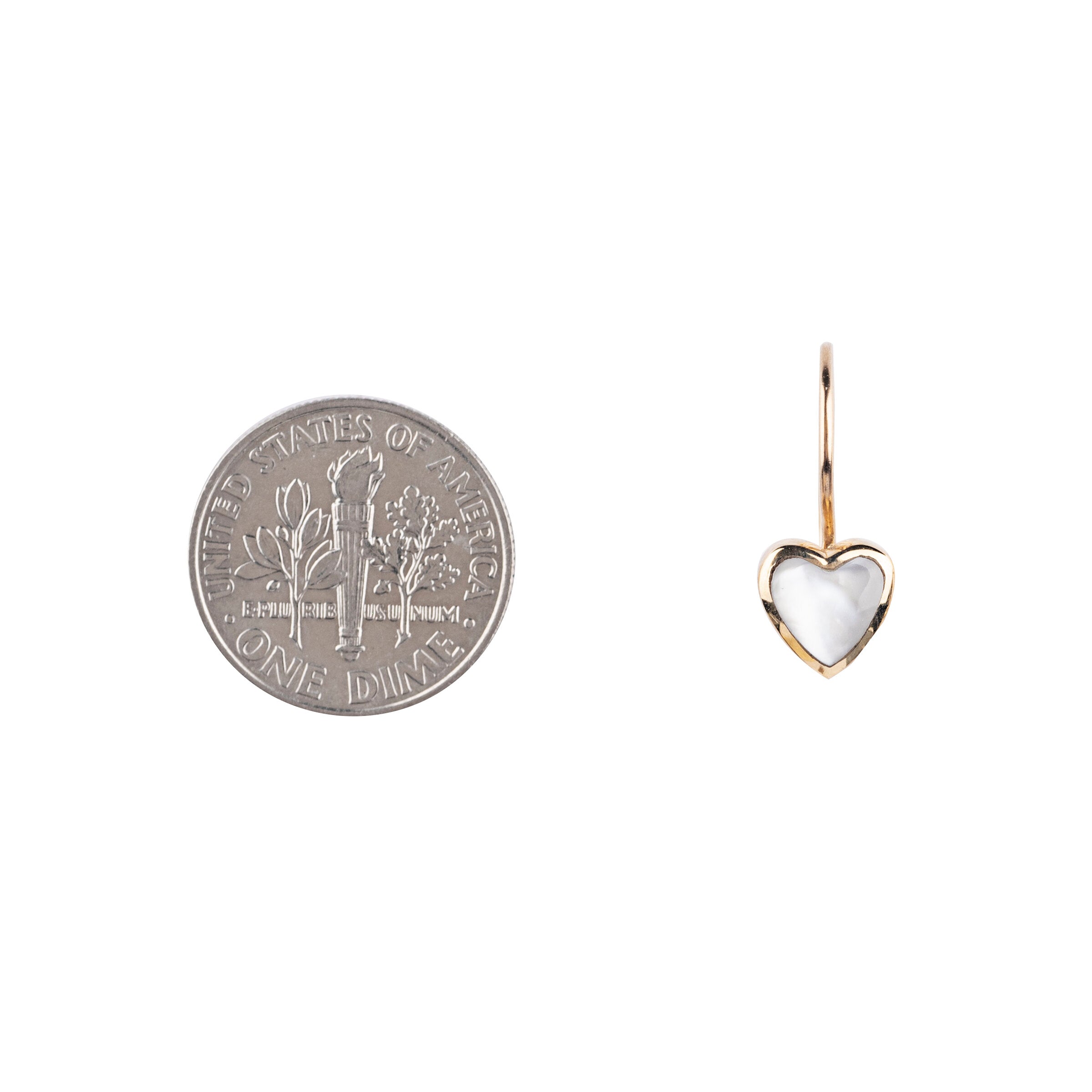 A pair of 14K gold earrings in the shape of a heart and featuring either mother of pearl or onyx stones in the center.