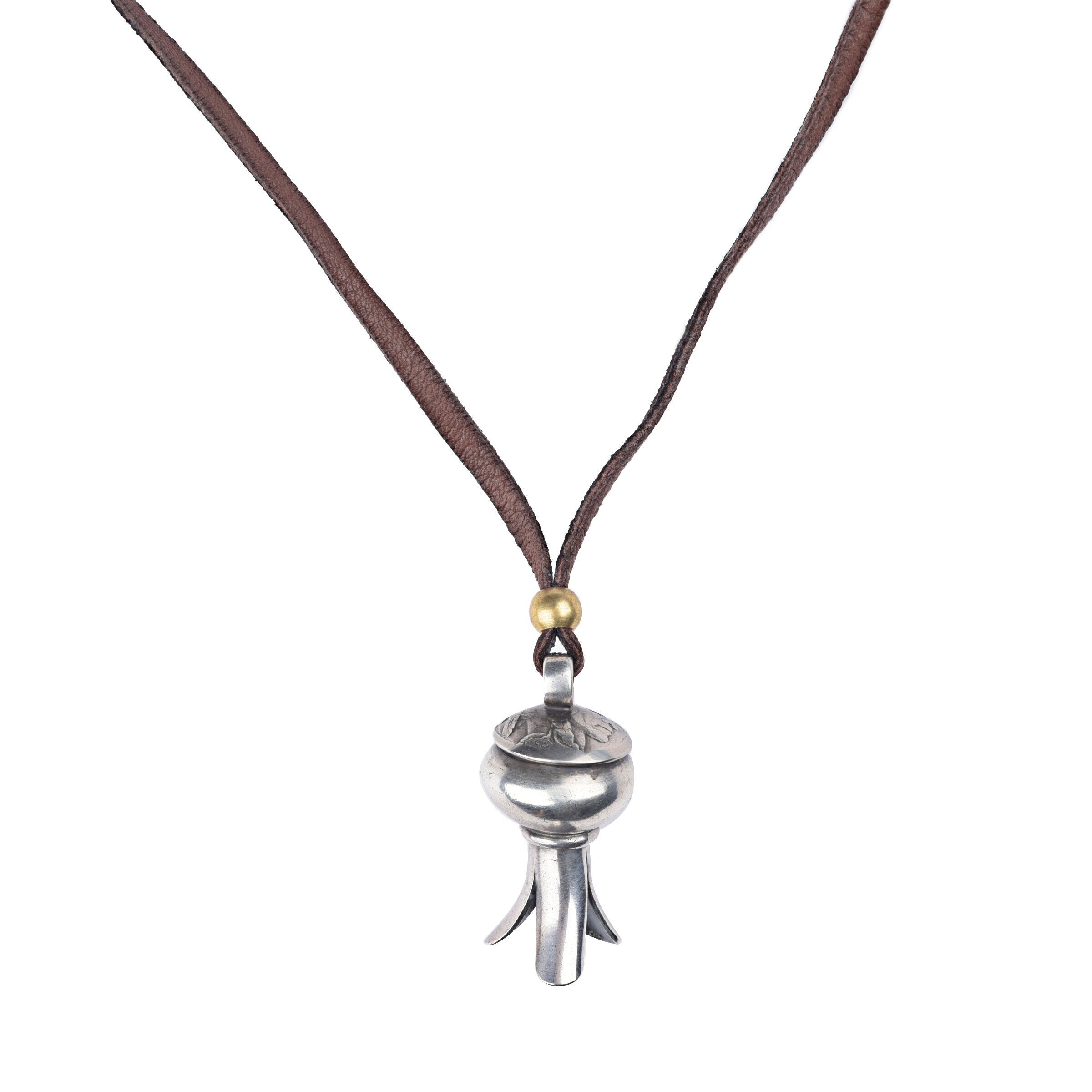 Dennis Hogan Coin Blossom Necklace, artisan, vintage coin, deer leather, made in USA, sterling silver, brass