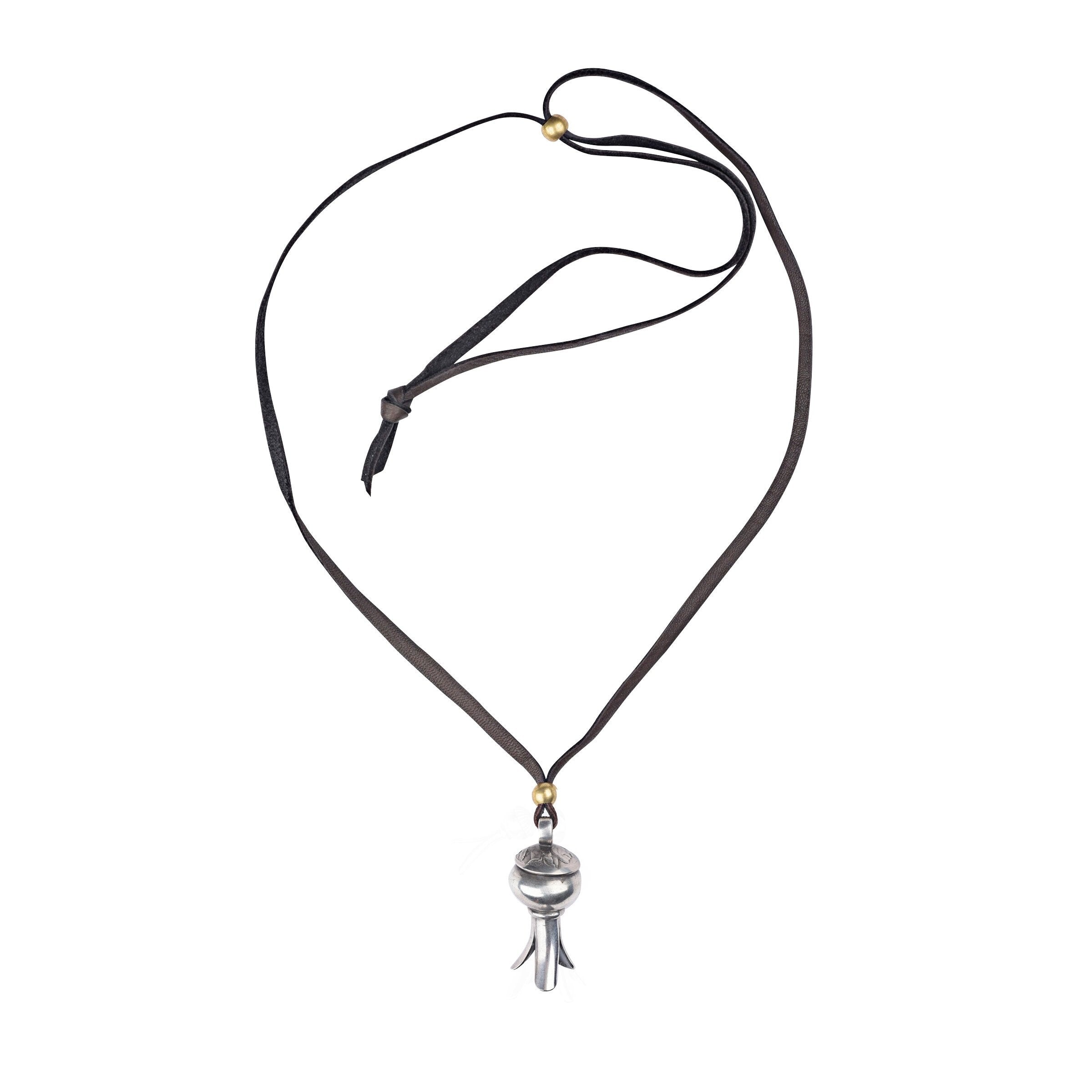 Dennis Hogan Coin Blossom Necklace, artisan, vintage coin, deer leather, made in USA, sterling silver, brass