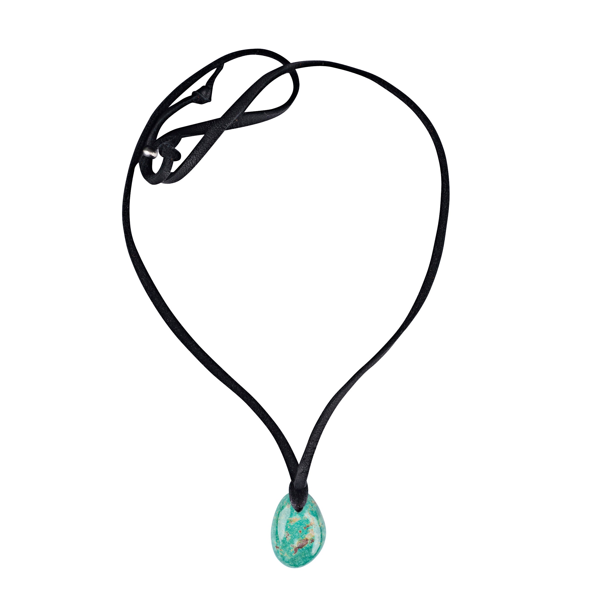 Turquoise stone necklace on deerskin leather. 
