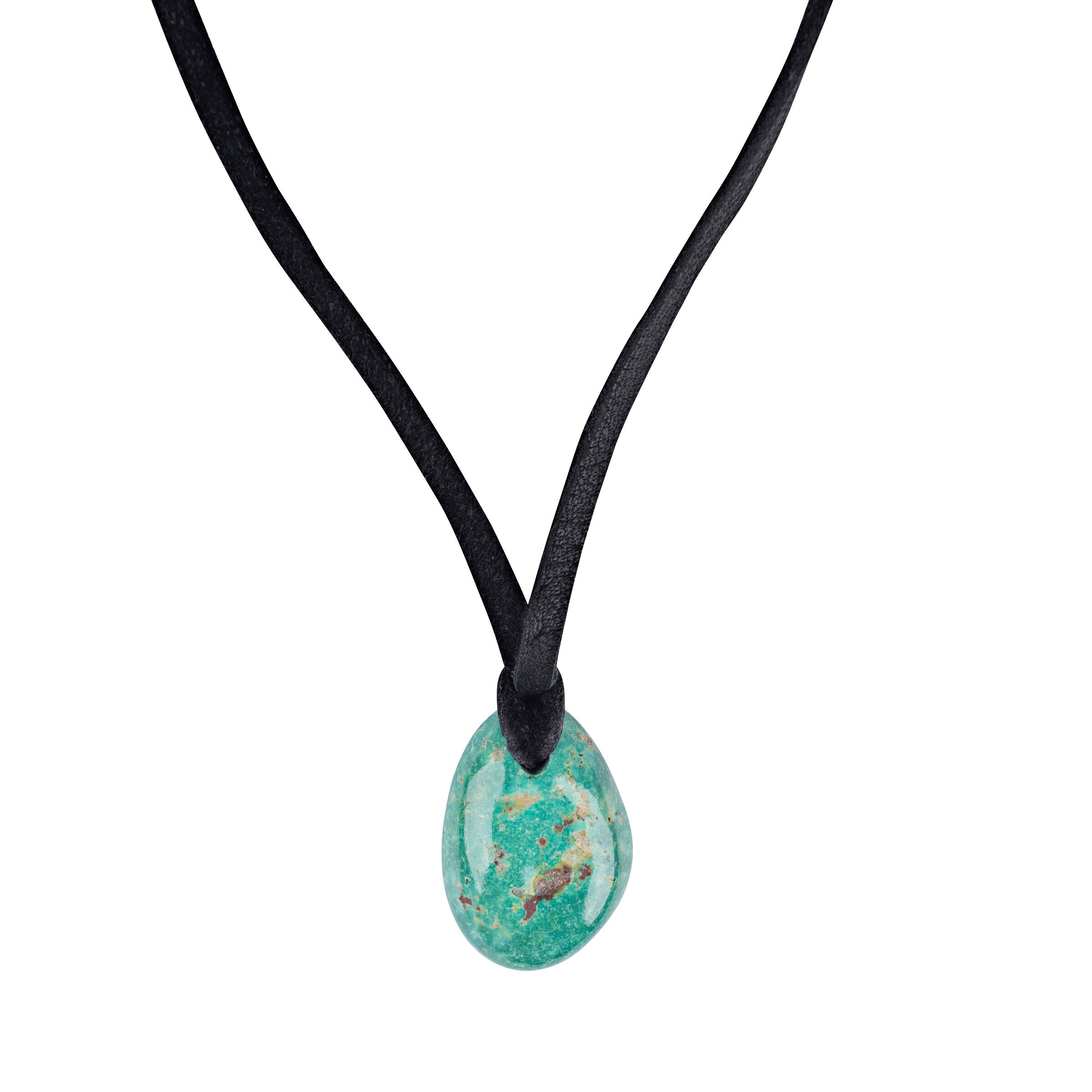 Turquoise stone necklace on deerskin leather. 
