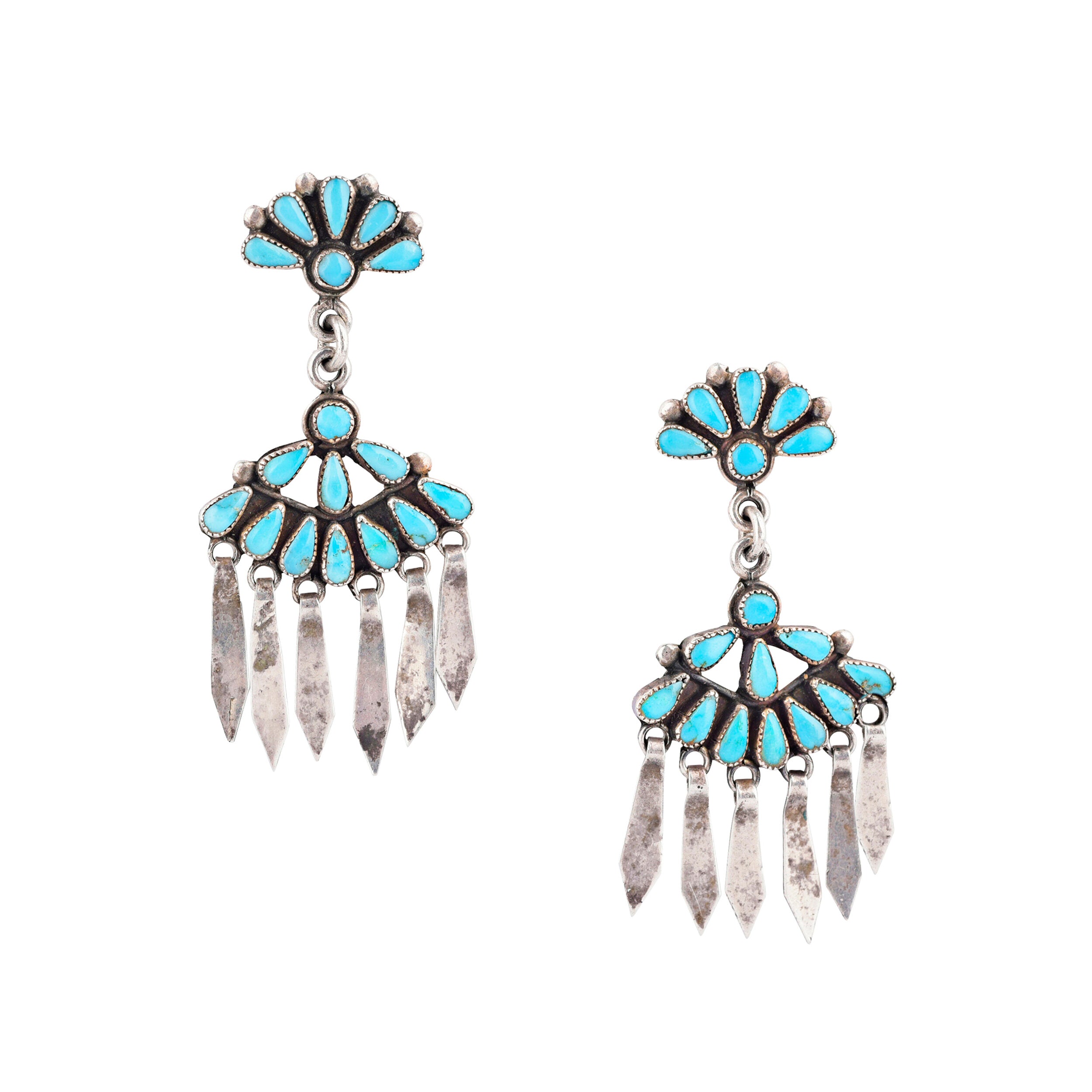 Vintage Zuni Petit Point Fan Tassle Earrings, c. 1950's