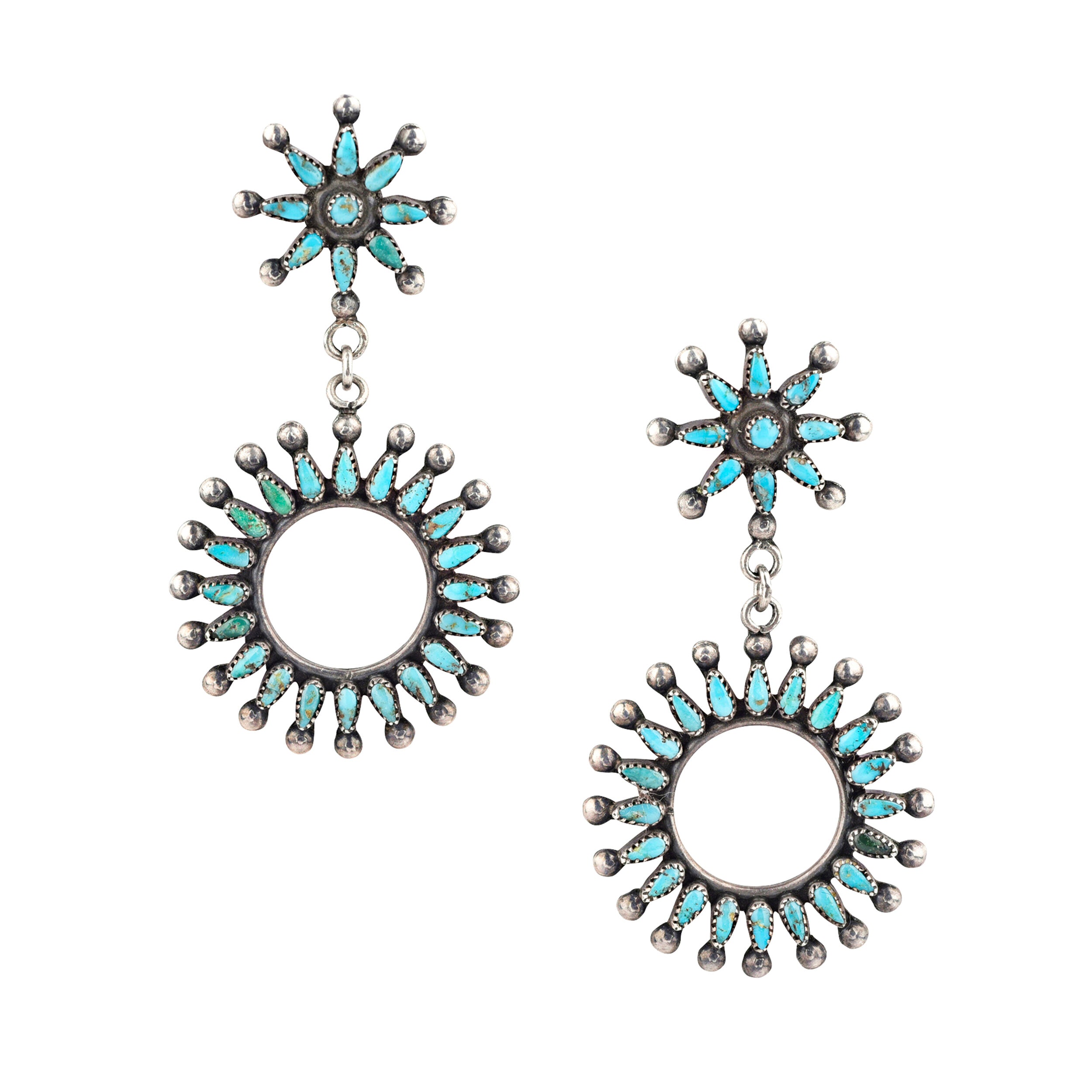Vintage Zuni Star Circle Turquoise Earrings, c. 1940's