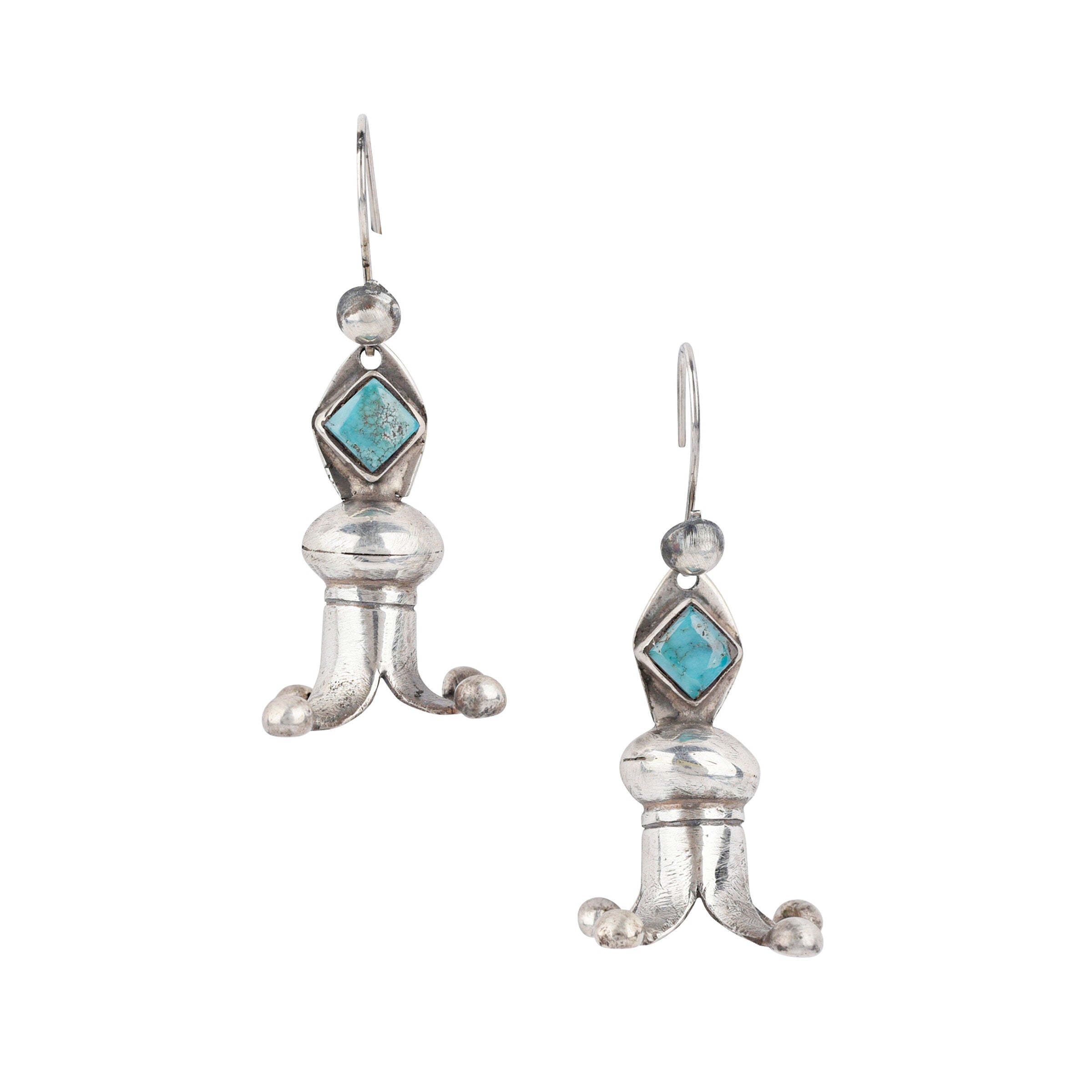 Ingot coin silver earrings with green turquoise stones in the style of squash blossoms.