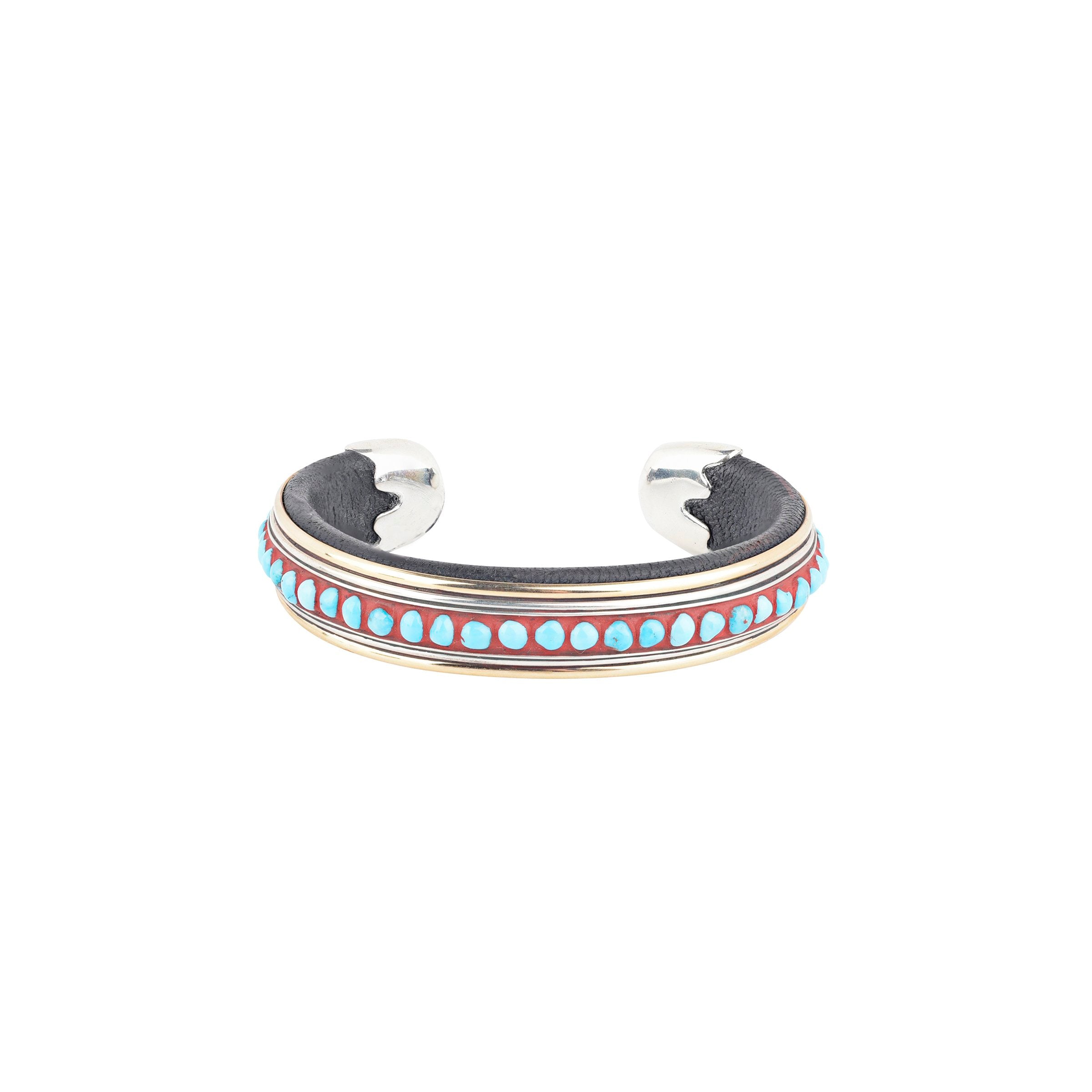 Comfortable black or brown leather and sterling silver with 14K gold fill cuff from artisan Ramona Heise. Featuring blue Sleeping Beauty turquoise inlay. Adjustable and made in USA. 