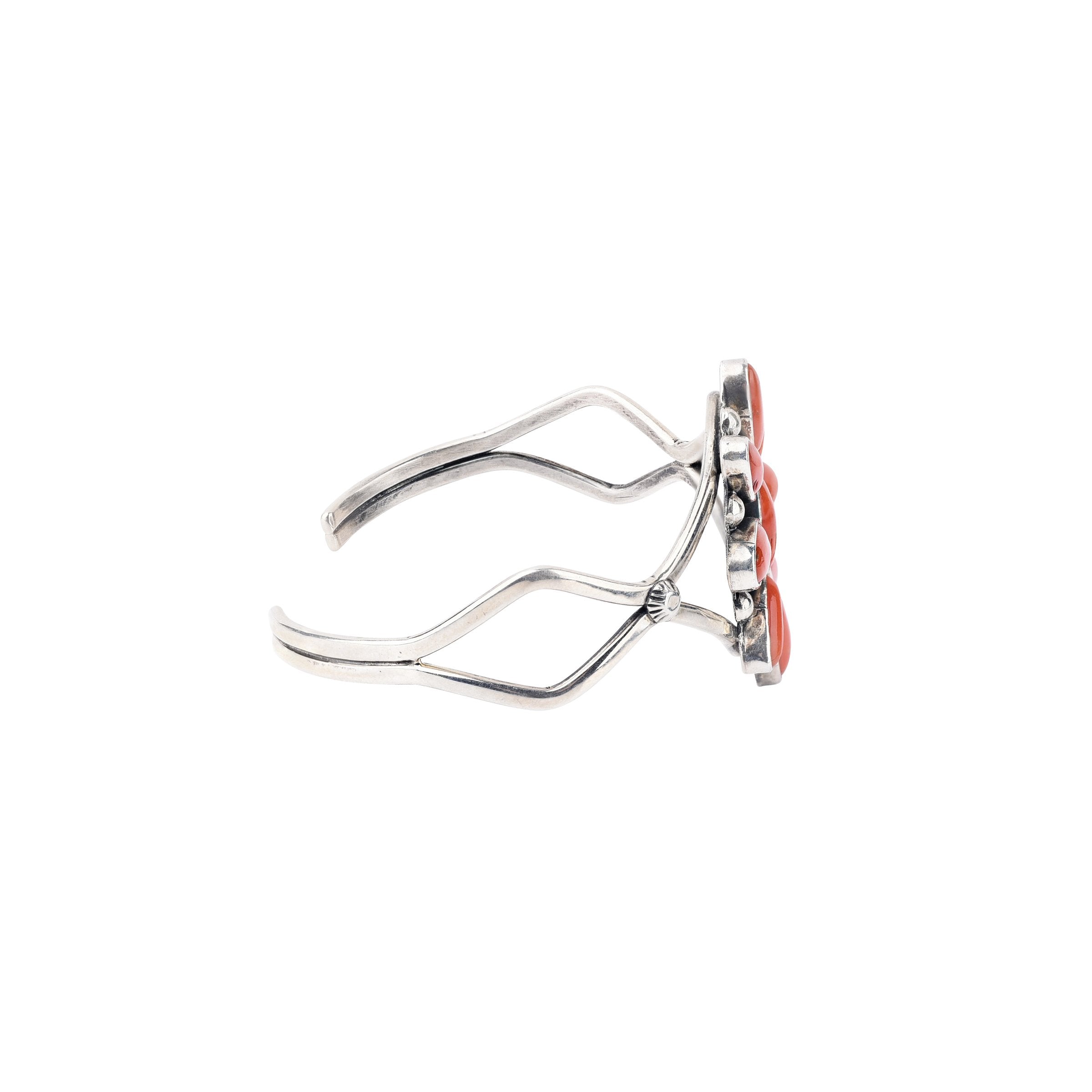 Vintage sterling silver and red coral cuff from Navajo artist L.T. Chee.