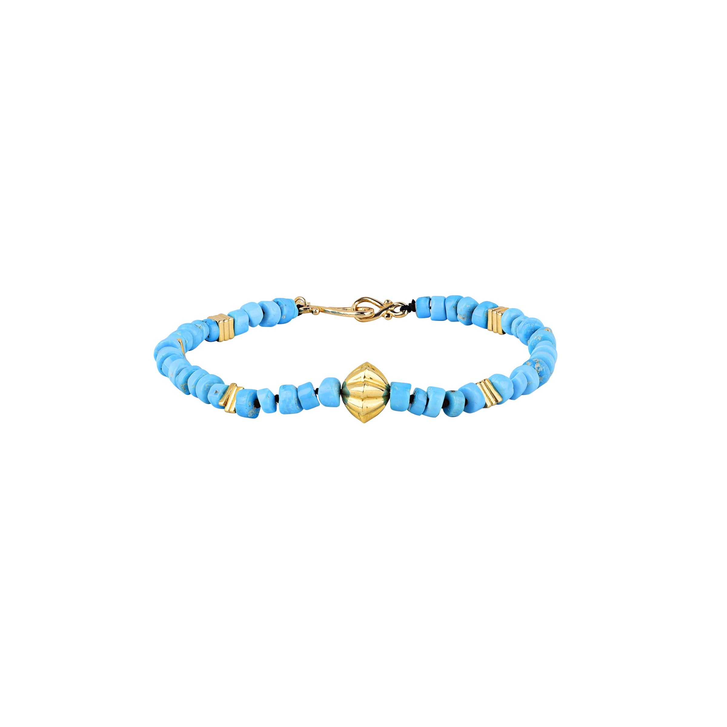 18 carat gold and blue turquoise bracelet with 18 carat gold shell-like bead. 