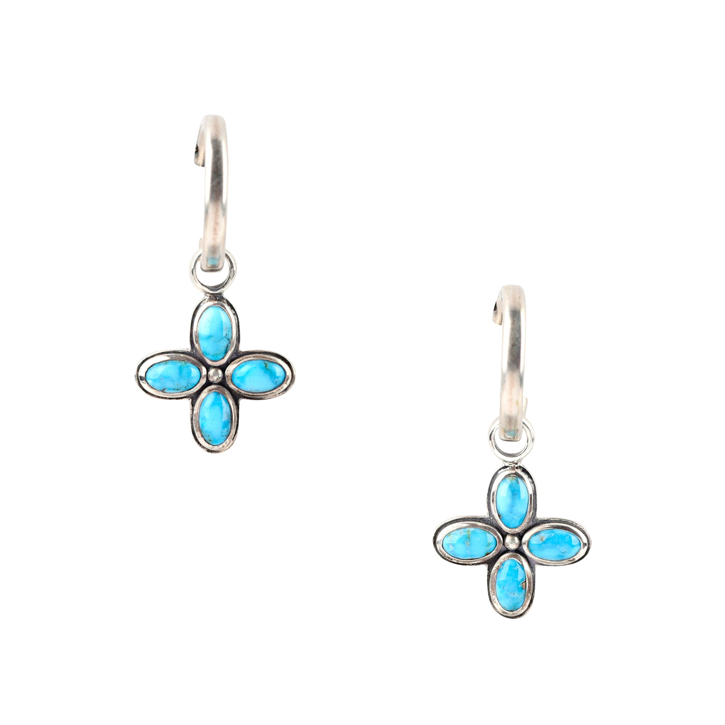 Single sided sterling silver flower petal earrings from New Mexican artist Dennis Hogan. Featuring Blue and Green Turquoise and Jet stones.