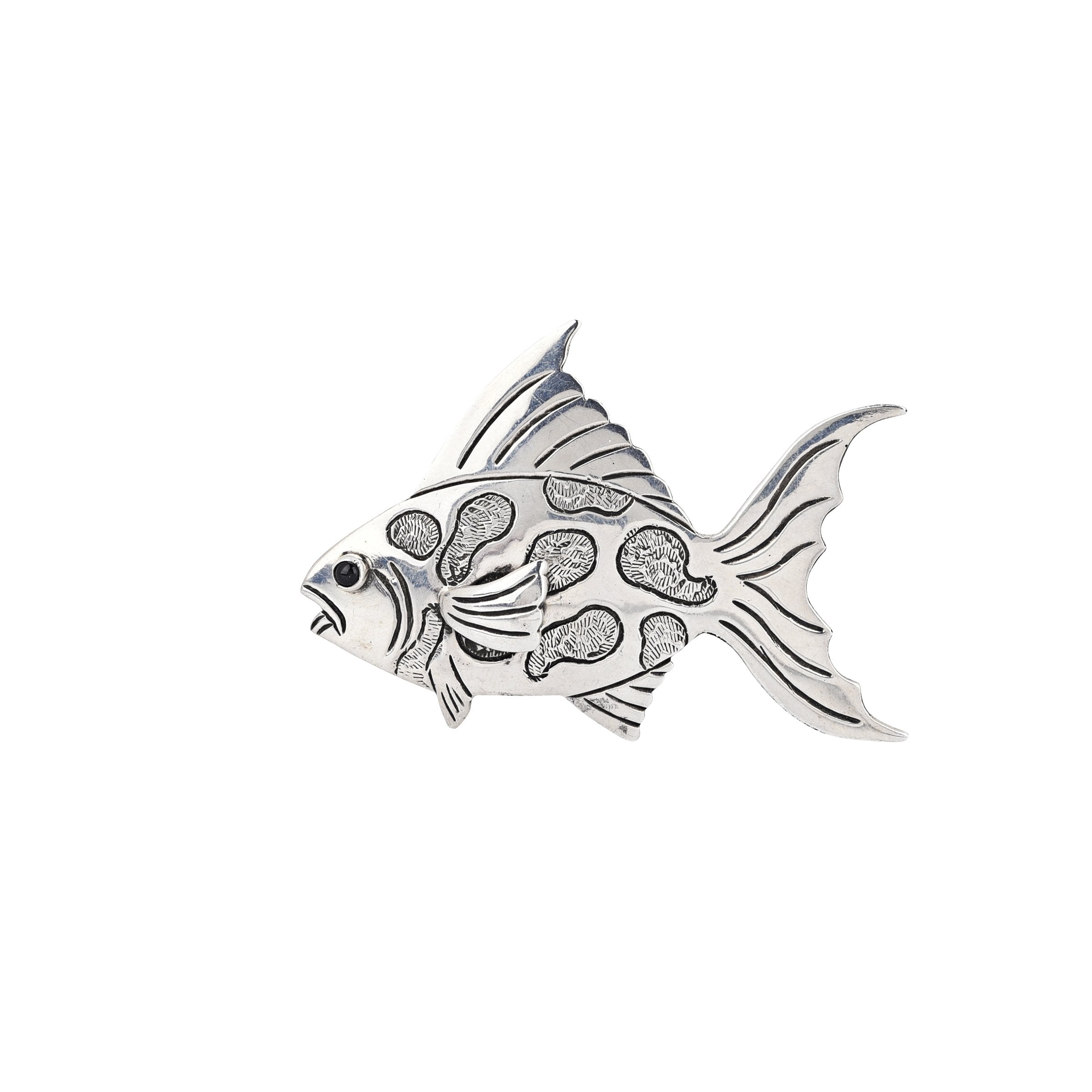 Sterling silver fish pin with a bar backing and an onyx eye. The ornate style, stamping and craftsmanship make this a unique item.