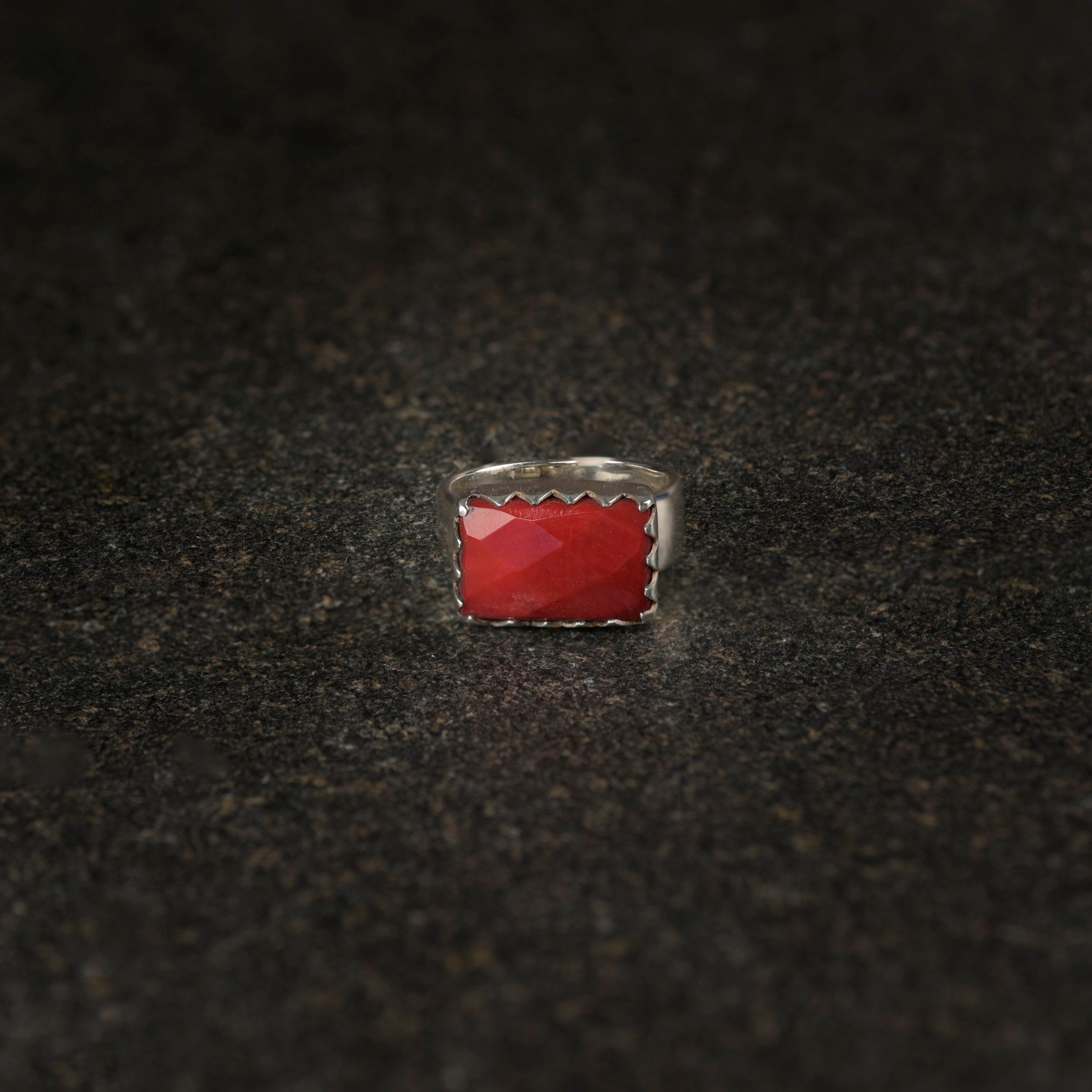 Sawtooth Bezel Coral Ring - Size 6