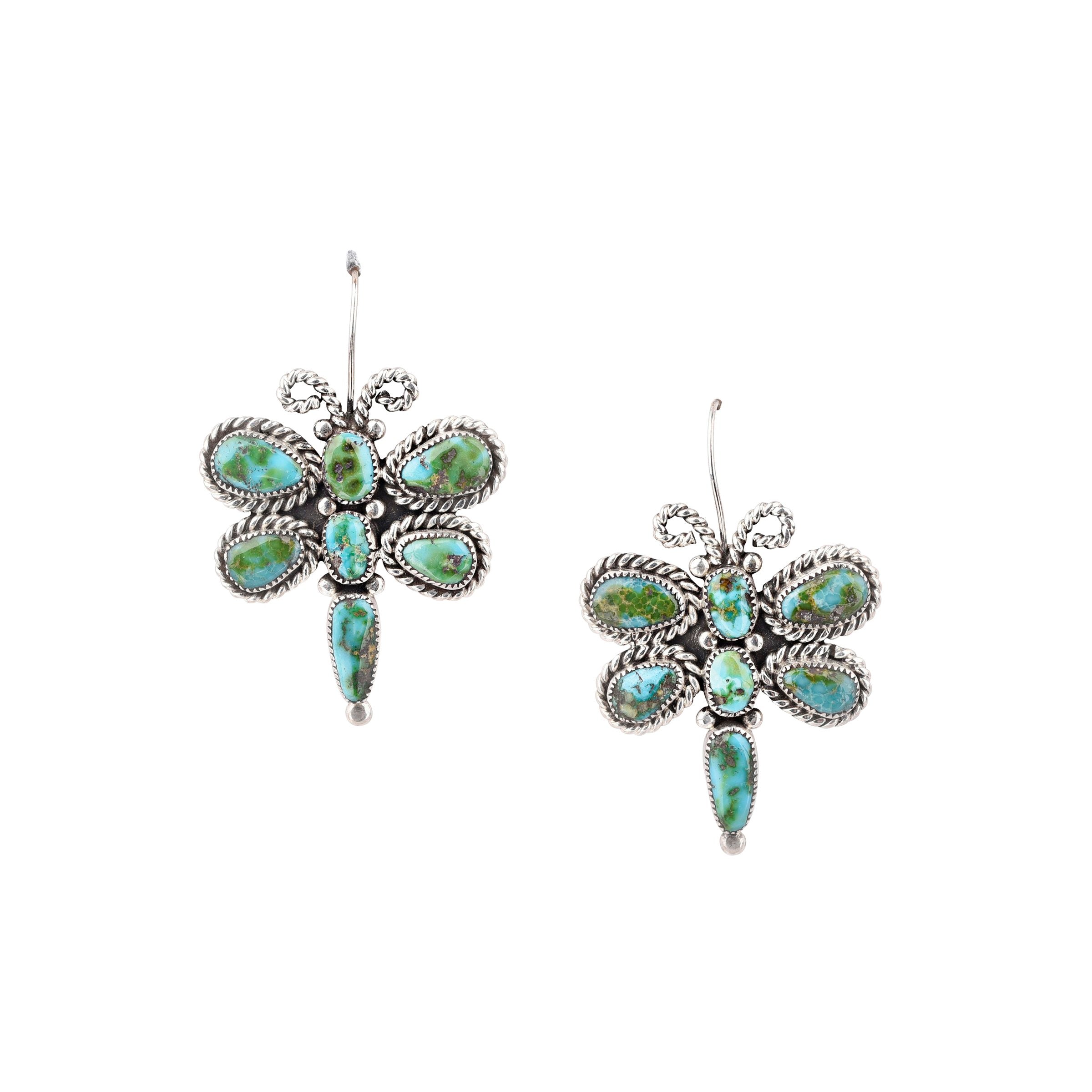 Butterfly dangle earrings from artisan partners Rob & Dian Lonjose. Native made with sterling silver and blue & green turquoise. Featuring elegant silver work and design. 