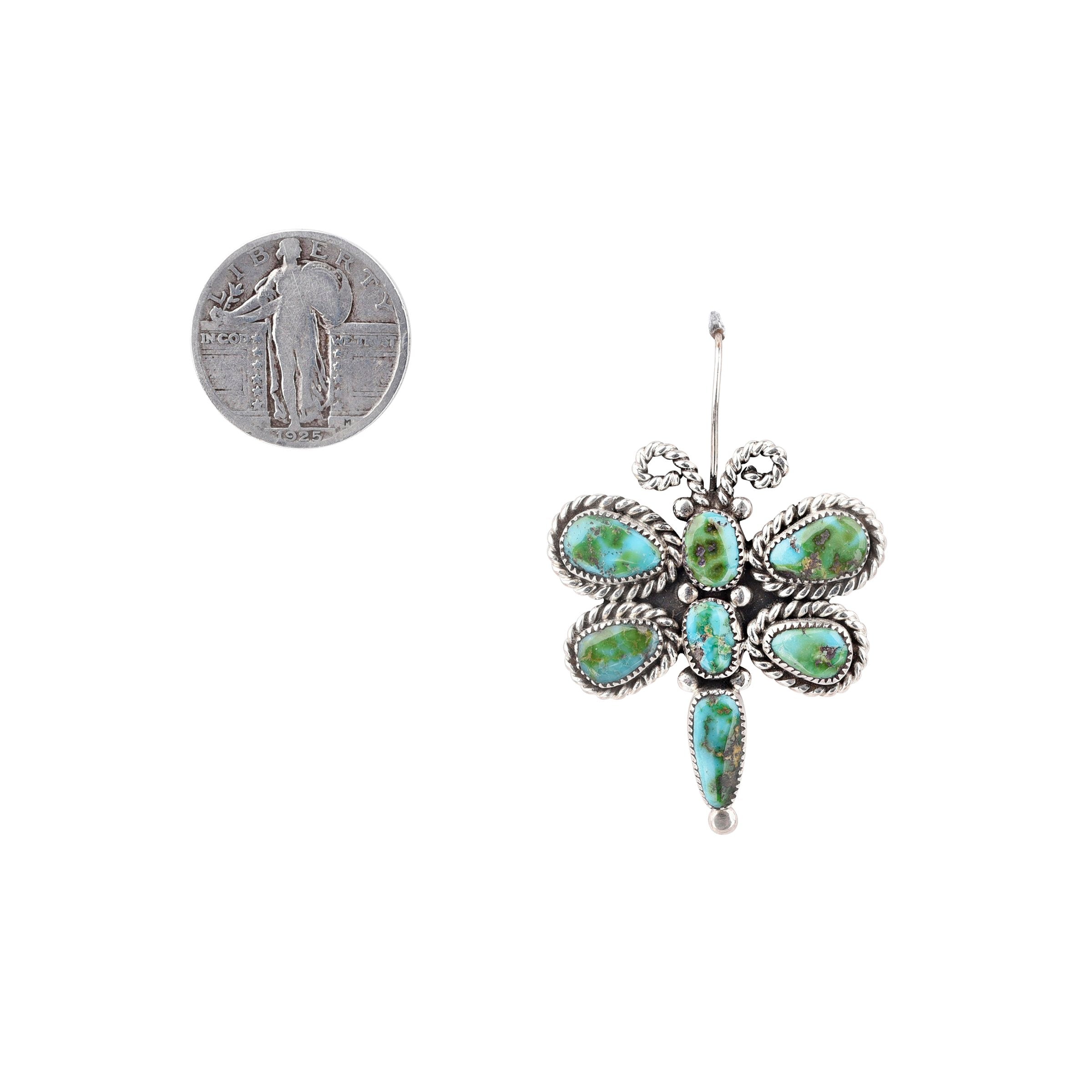 Butterfly dangle earrings from artisan partners Rob & Dian Lonjose. Native made with sterling silver and blue & green turquoise. Featuring elegant silver work and design. 