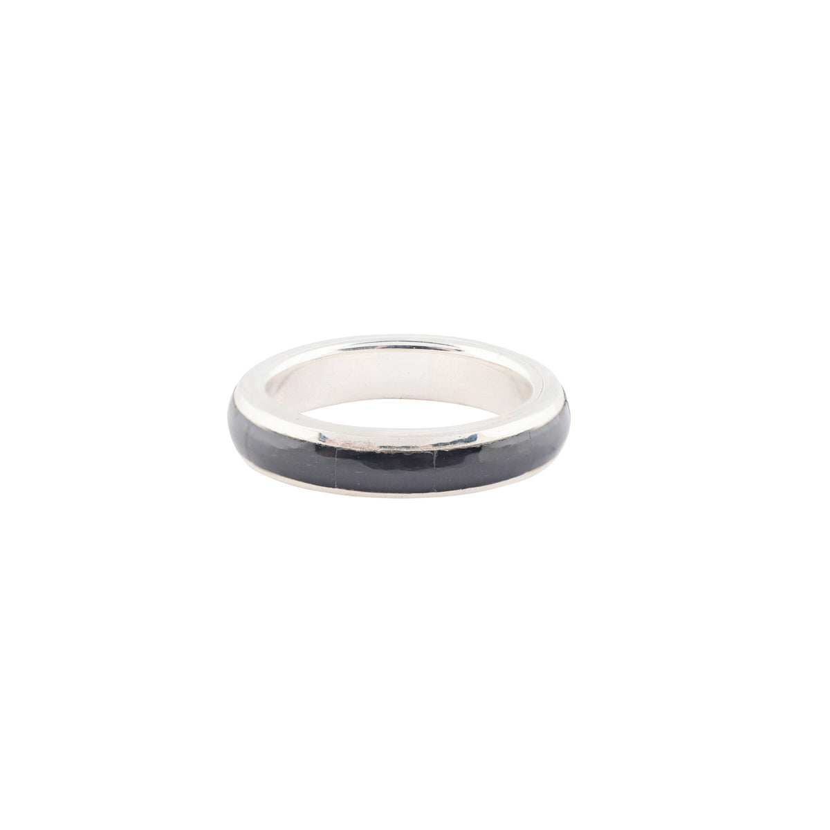 A sterling silver ring with an onyx inlay.