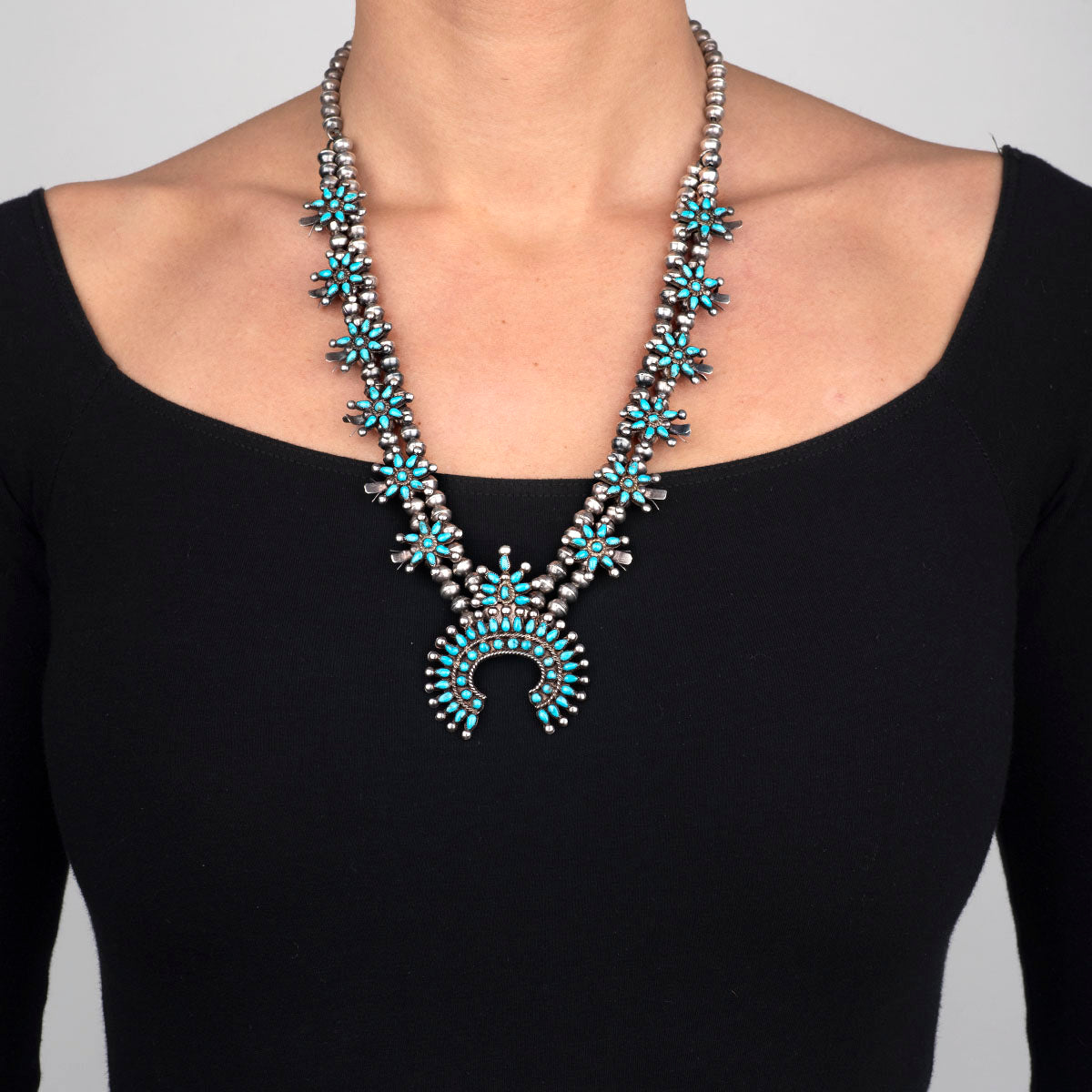 Vintage Turquoise Squash Blossom Necklace 